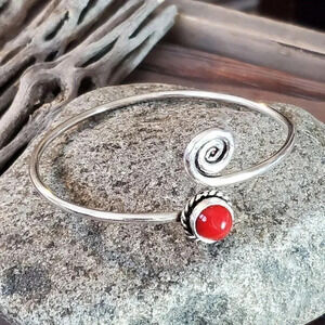 Handcrafted Red Coral Swirl Gemstone Sterling Silver Overlay Artisan Cuff Bracel